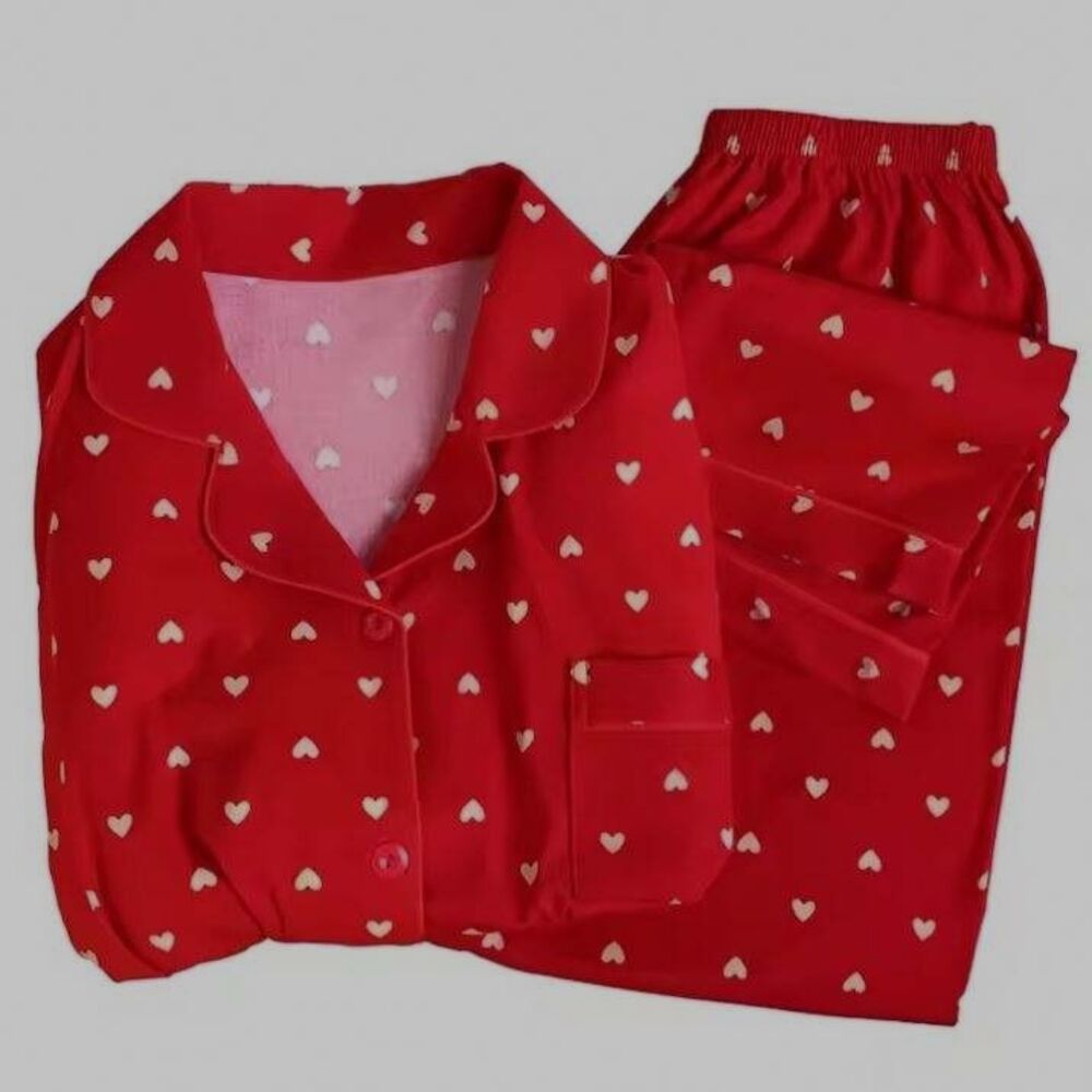 Womens S Red Print Pajama Set Button Up Long Sleeve Shirt Pants 2 Piece Casual
